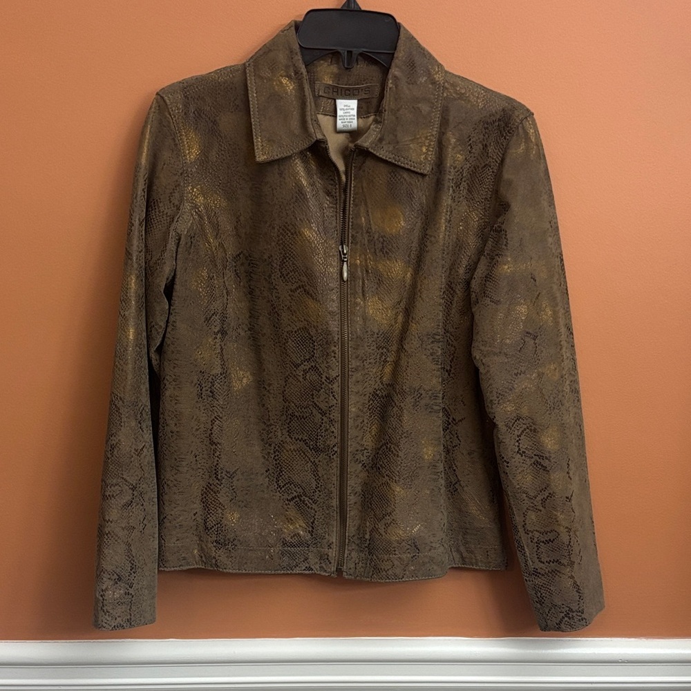 Chico's Brown Leather Jacket with Snake Print